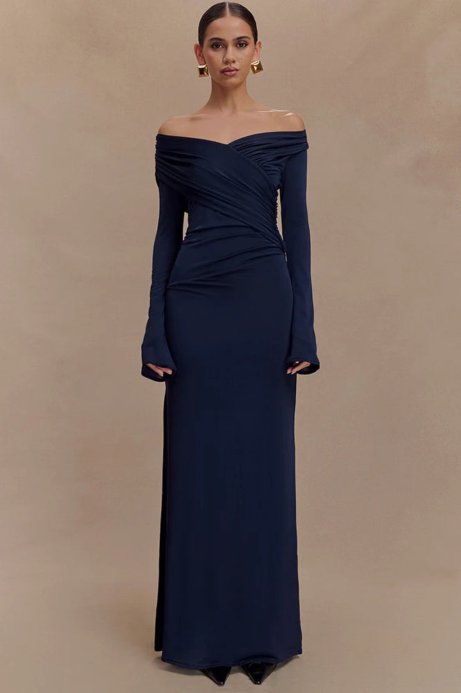 Off Shoulder Ruched Wrap Long Sleeve Column Maxi Dress