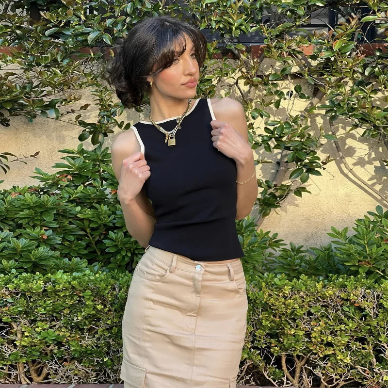 Ootddress Casual For Women Contrast Y2k Top Vest Backless Patchwork Pullover Top Slim Sheer Tracksuit Summer Cute Female Tank Top