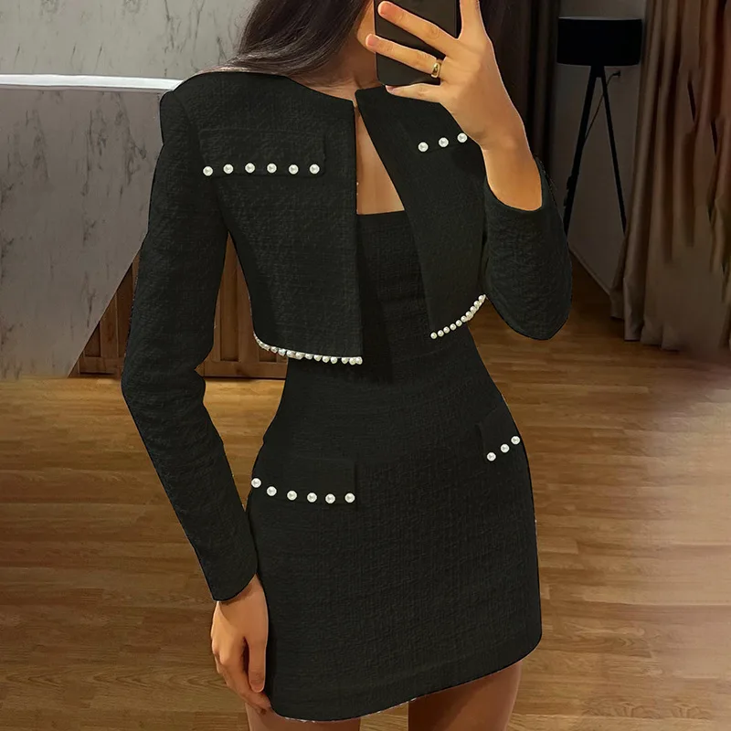 Ootddress Pearl Dress Sets Women Autumn Long Sleeve Coat And Mini Dress Two Piece Sets Femme Sexy Strapless Dress Matching Sets
