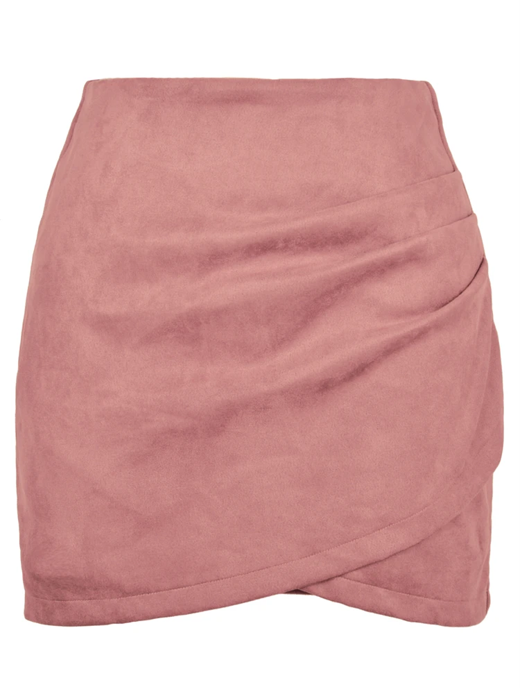 Ootddress Womens Faux Suede Skirt Official Ladies A-Line Mini Pencil Skirt For Women High Waist Classic Wrap Front Slit Skirts 2025