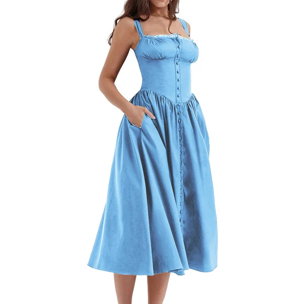 Square Neck Lace Trim Button Front Basque Waist Corset Midi Dress