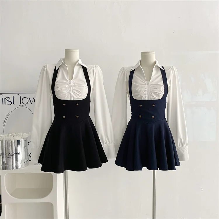 Y2K 3 Piece Set Women Cropped Coat + Long Sleeve Shirt + High Waist Halter Ruffles Mini Dress Korean Chic Fashion Sexy Outfits