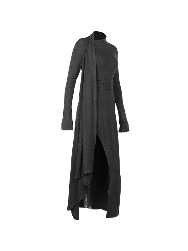 Solid Thigh Split Long Sleeve Midi Dress