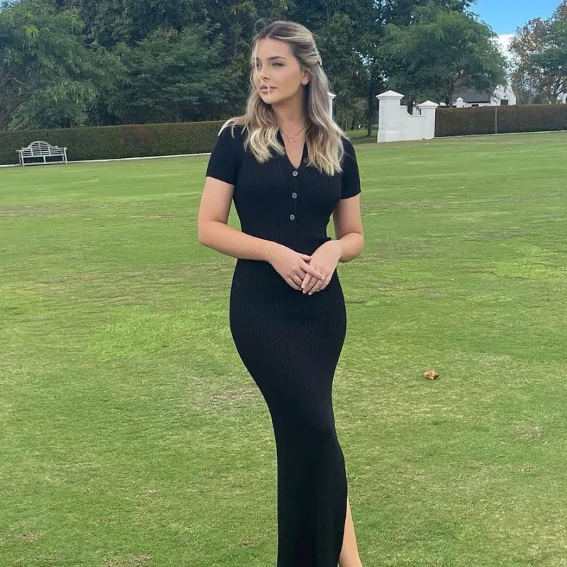 Ootddress Knitted Women Bodycon Dress Sexy V-Neck Short Sleeve Split Long Dresses Autumn Black High Street Casual Party Vestidos 11 undefined