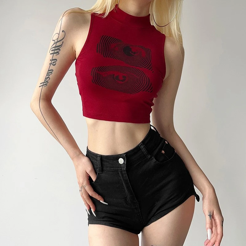 Summer Tank Top Women Y2k Clothing Fashion Crop Top High Neck Red Printing Sleeveless Sexy Streetwear Girls' Short Tops