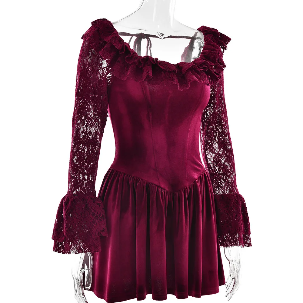 Ootddress Elegant Long Sleeve Lace Patchwork Tight Dress Women Sexy Trumpet Sleeves Slim Skirt Autumn/Winter New 2025 Vestido