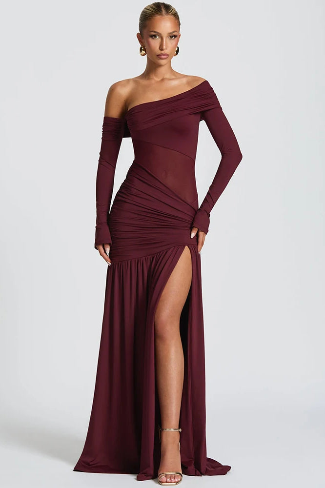 Off Shoulder Long Sleeve Mesh Panel Ruched High Split Maxi Dress