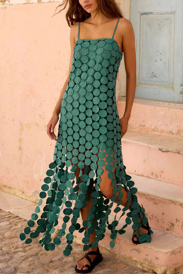 Juju Embroidered Cutout Polka Dots Square Neck Tassel Hem Slip Maxi Dress