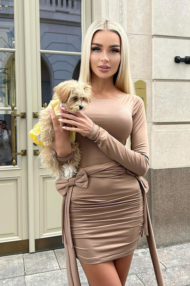 Scoop Neck Bow Tie Cuff Long Sleeve Side Bow Ruched Bodycon Mini Dress
