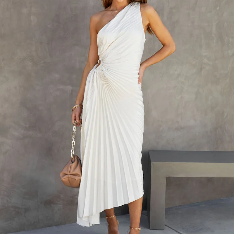 Ootddress Elegant Female Sexy Dress Gown Pleated One-Shoulder Sleeveless Summer Party Dress Fashion Slim Solid For Women Maxi Dress