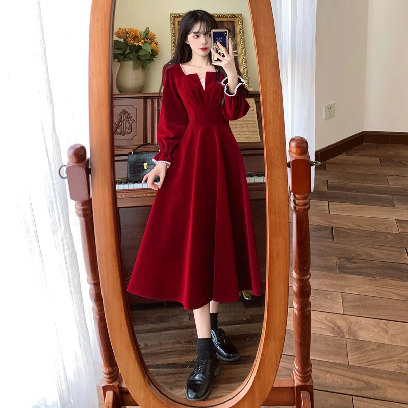 French Vintage A-line Wedding Party Dress Women Autumn Elegant Long Sleeve Backless Red Vestidos Mujer Princess Robe Spring New