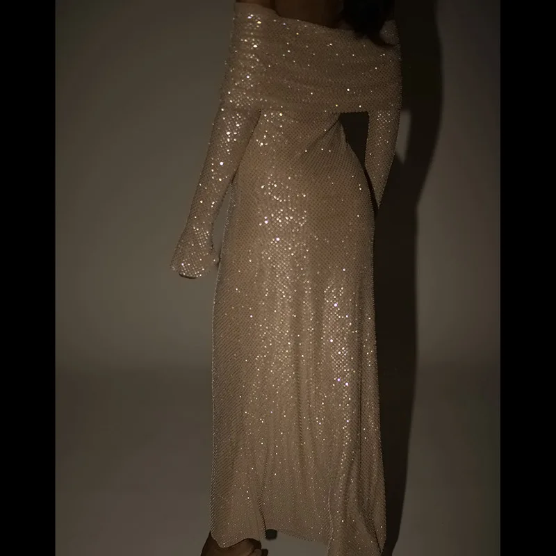 Ootddress Luxury Sequin Fashion Maxi Dress Female Off-Shoulder Pleated Slim Glitter Long Sleeve Backless Party Dress Gown Ladies