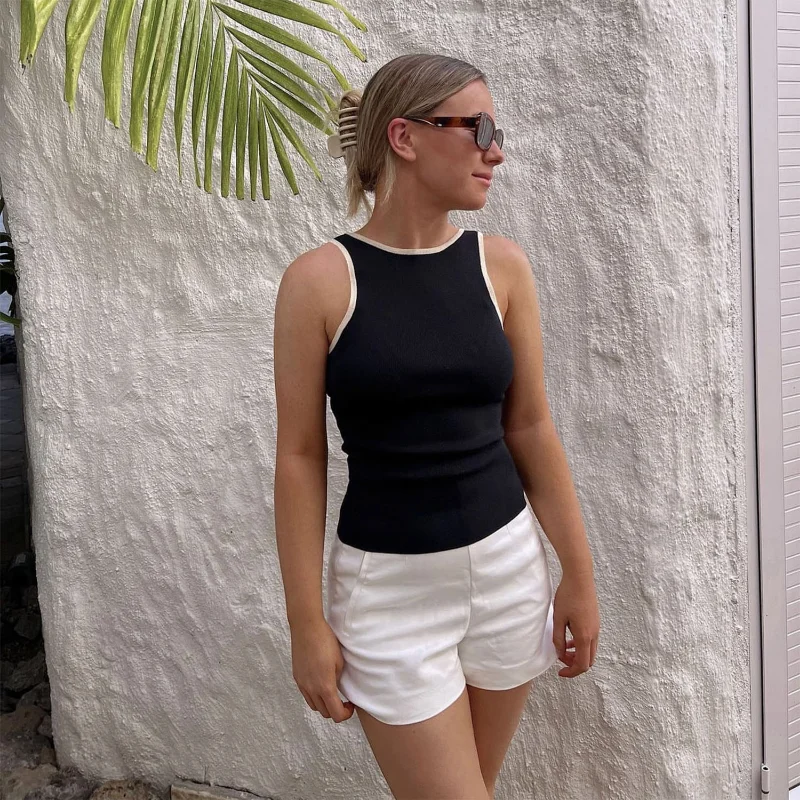 Ootddress Casual For Women Contrast Y2k Top Vest Backless Patchwork Pullover Top Slim Sheer Tracksuit Summer Cute Female Tank Top