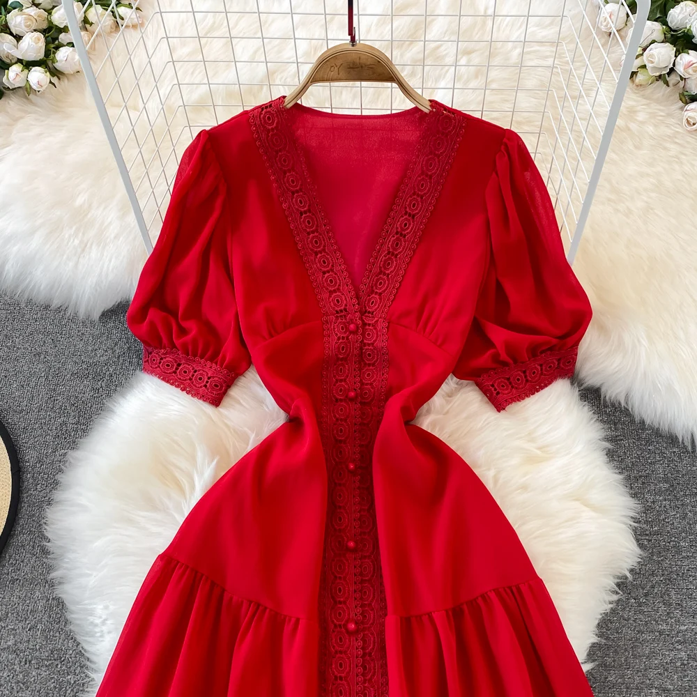 New Women Vintage Party Dress Summer Puff Sleeve Sexy V Neck Lace Single-breasted Long Dresses Ladies A Line Elegant Long Robe 5 New Women Vintage Party Dress Summer Puff Sleeve Sexy V Neck Lace Single-breasted Long Dresses Ladies A Line Elegant Long Robe