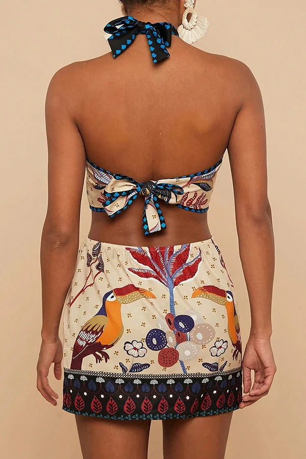 Halter Tropical Palm Toucan Print Side Cut Out Mini Dress