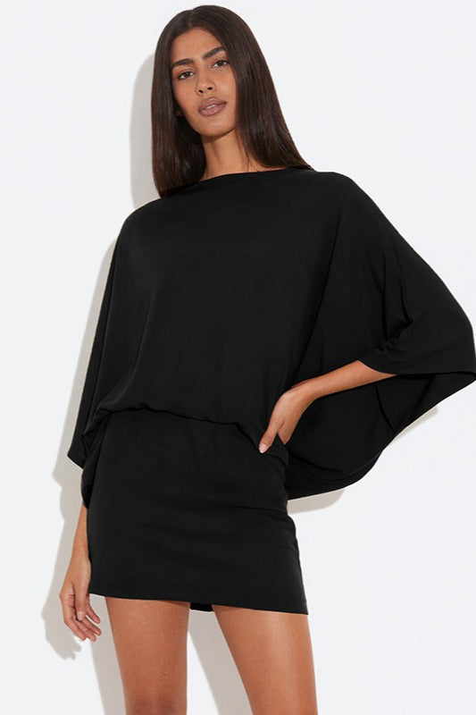 Deep Back Cowl Neck Draped Wing Sleeve Loose Mini Dress