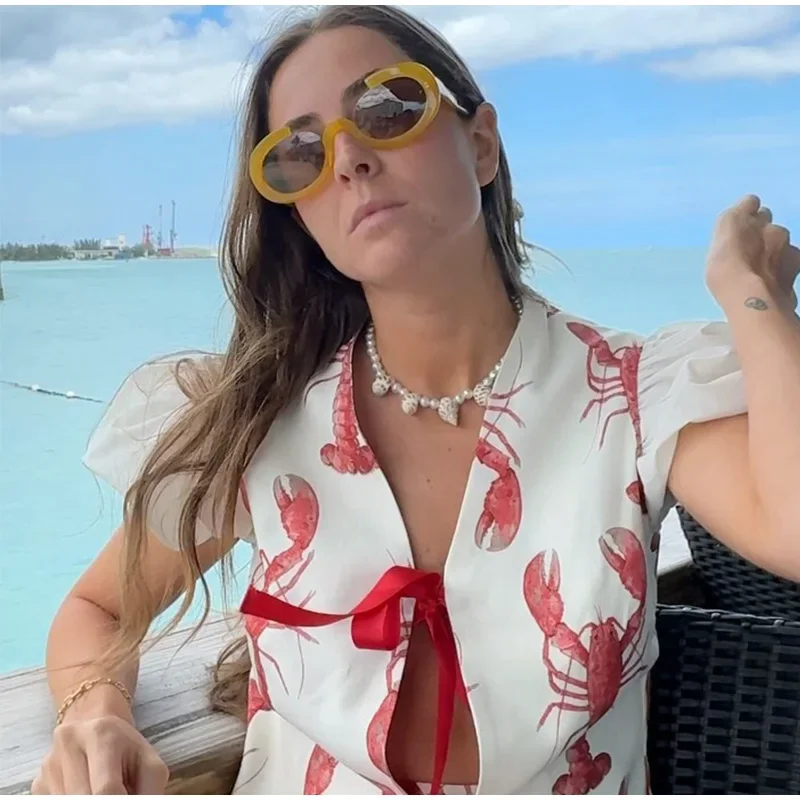 Cartoon Cray Printing Long Pants Set For Women 2025 Summer Short Sleeve Shirt High Waist Wide Leg Pant 2 Piece Sets Lady Outfits