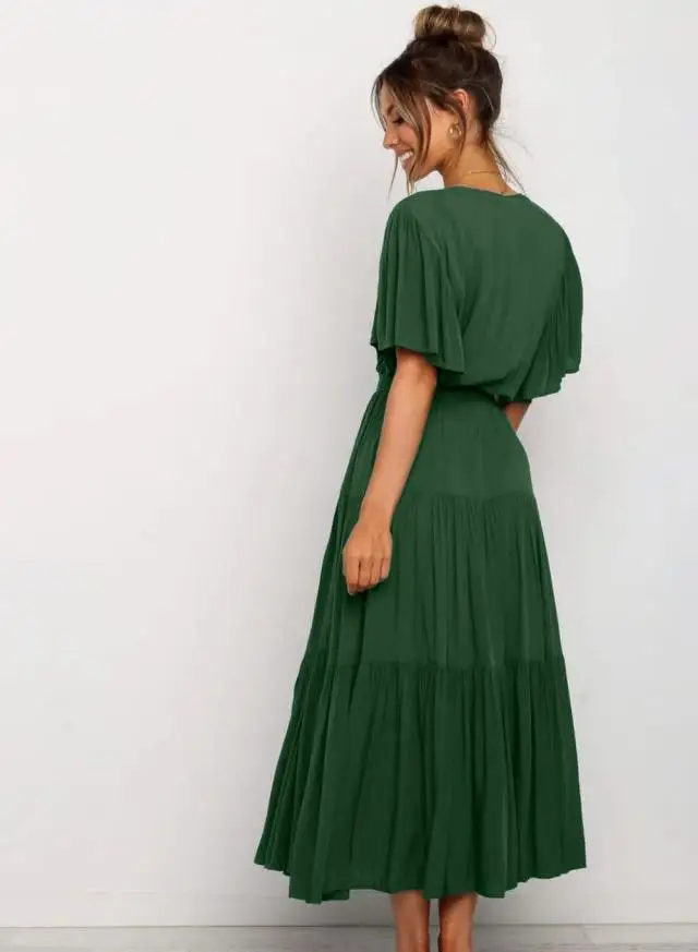 Trendy Solid Color Ruffles Long Dresses Women Sexy V-neck Ruffle Sleeves Leace-up Temperament Elegant Lady Dress 2025 Summer New 54 undefined