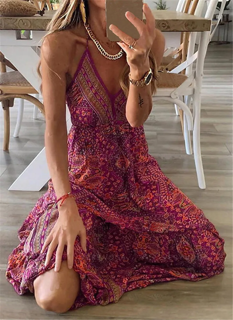 2025 Spaghetti Strap Dresses For Women Vintage Printed Bohemian Style Beach Dress Fashion Sexy V-neck Lady Maxi A-line Vestidos