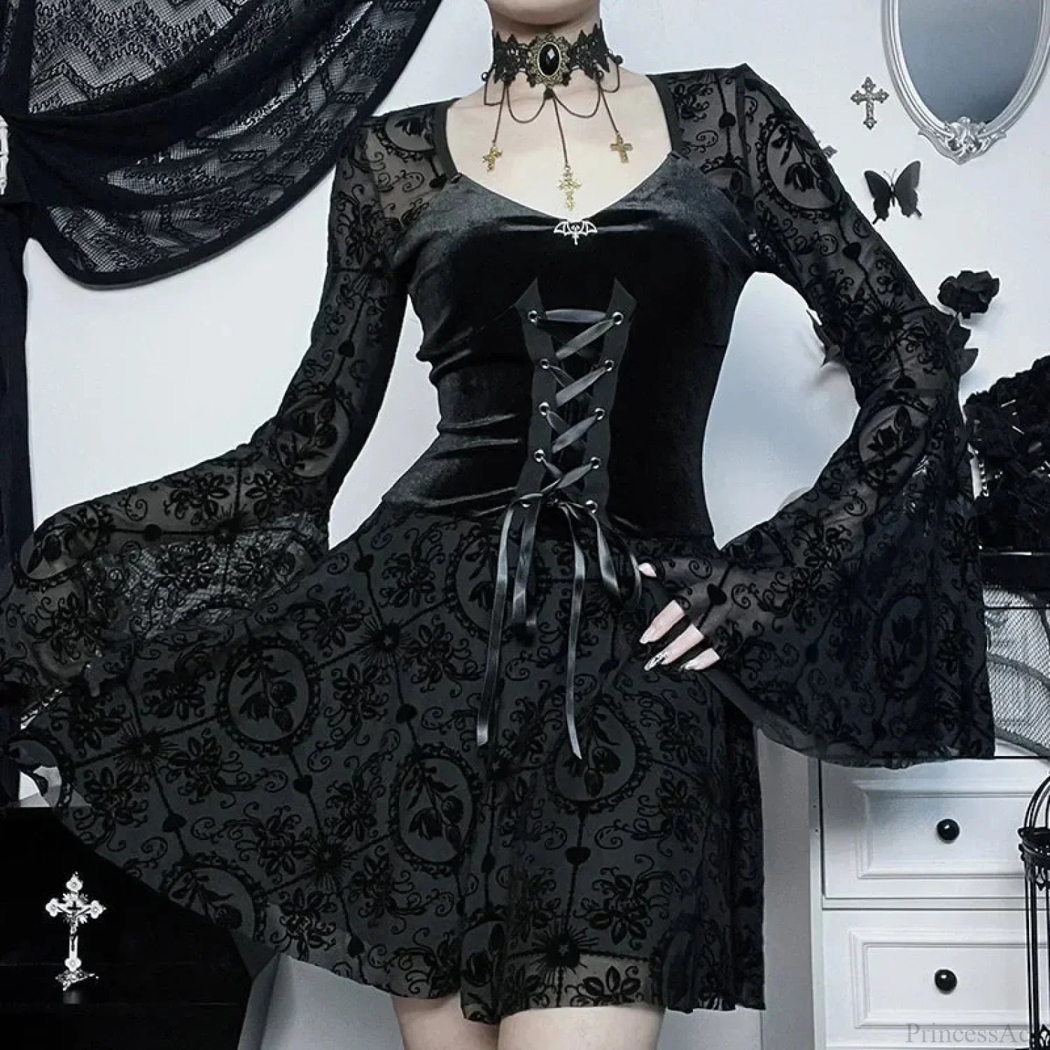Velvet Corset Lace Up Bat Charm Floral Lace Bell Sleeve Mini Dress