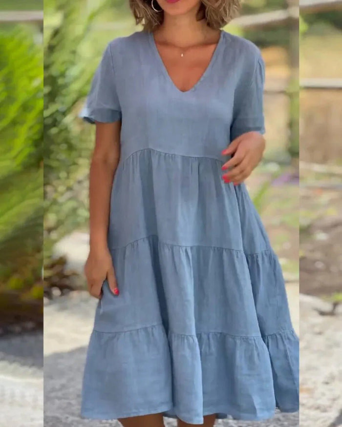 V-Neck Short Sleeve Three-Tier Babydoll Flowy Midi Dress