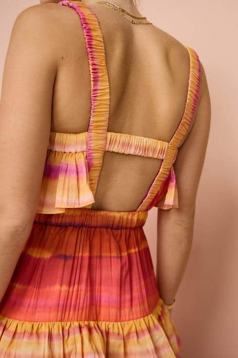 Tie Dye Stripe Pleated Tiered Ruffle Overlay Maxi Dress