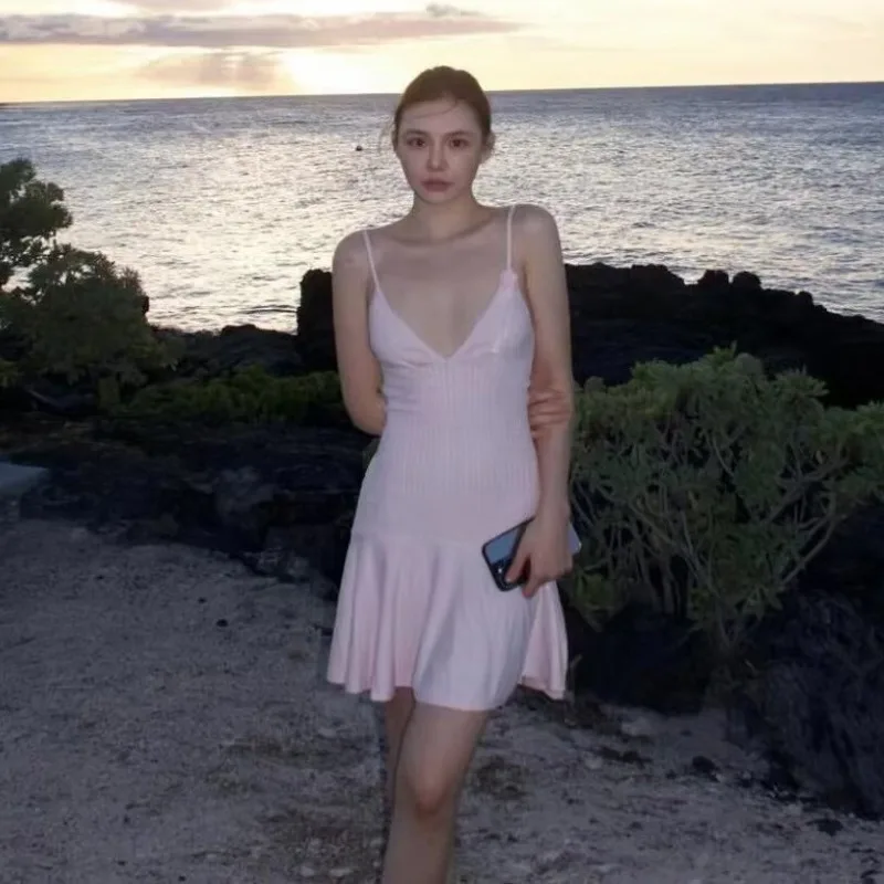 Ootddress Ruffle Knitted Dress For Women Sleeveless V Neck Slim Splice Flower Sundress Ladies Casual Fashion Y2k Solid Dress Woman