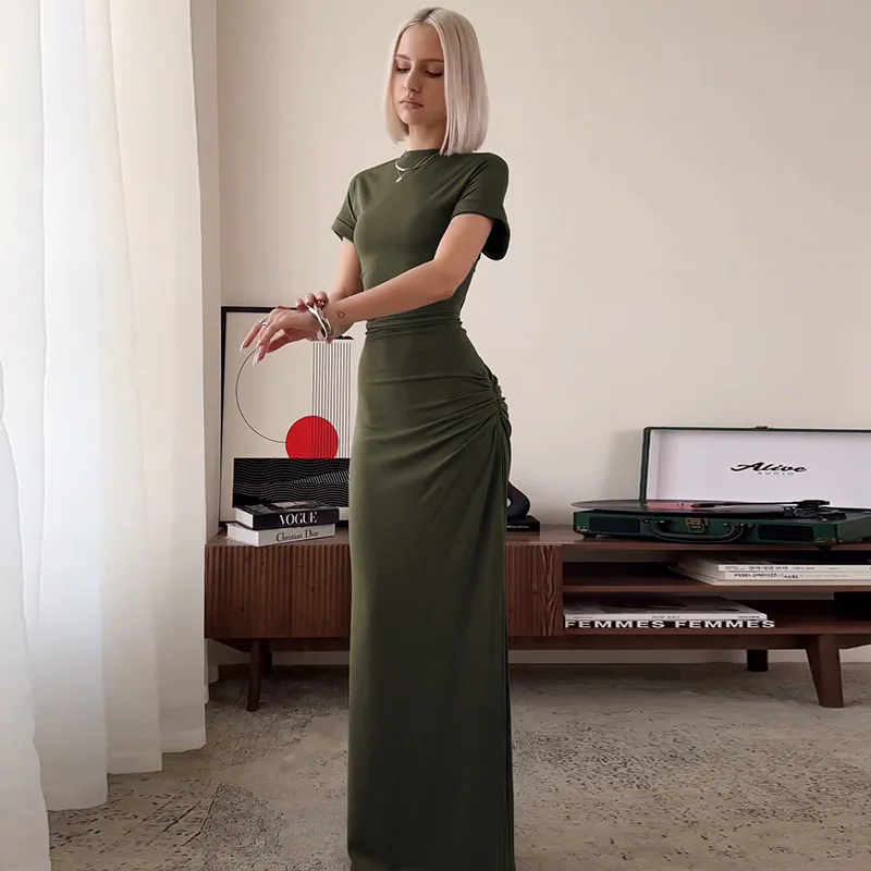 Women's Elegant O Neck Maxi Dress Short Sleeve Slim High Waist Shirring Dress Sexy Side Slit Evening Club Bodycon Dress Lady 18 Women's Elegant O Neck Maxi Dress Short Sleeve Slim High Waist Shirring Dress Sexy Side Slit Evening Club Bodycon Dress Lady