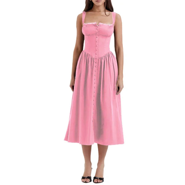 Square Neck Lace Trim Button Front Basque Waist Corset Midi Dress