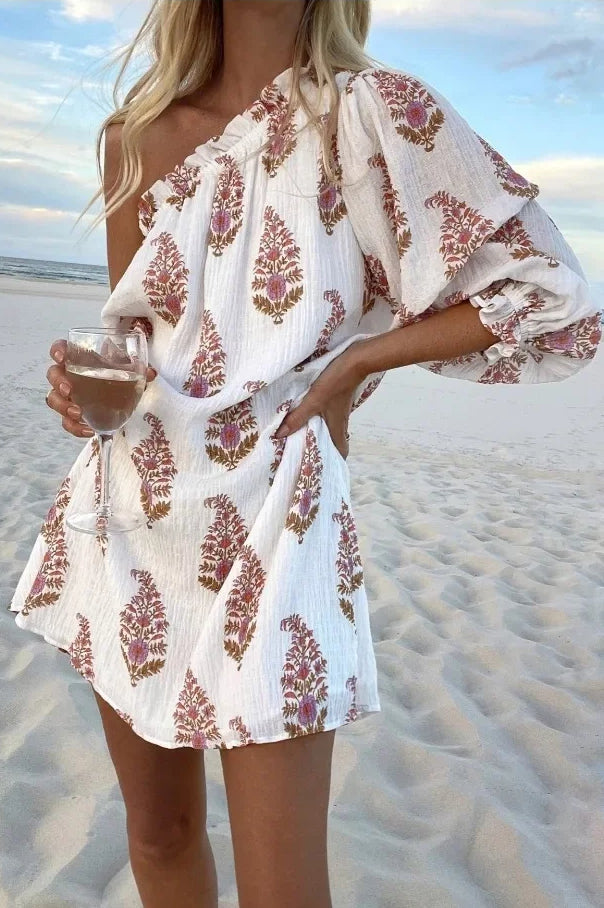 One-Shoulder Puff Sleeve Block Print Shift Mini Dress