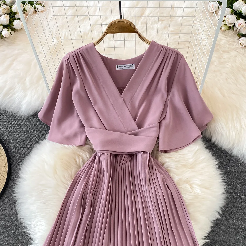 Women Elegant Pleated Dress Summer Short Sleeve V-neck Vintage Dresses Ladies A Line High Waisted Midi Dress
