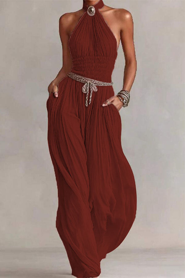 Bohemian Halter Neck Wide-Leg Jumpsuit