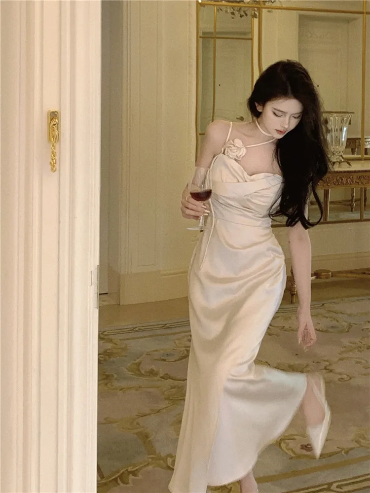 Elegant Solid Satin Midi Dress Women Spaghetti Strap Bodycon 3D Flower High Waist Slim Evening Party One Piece Lady Vestidos