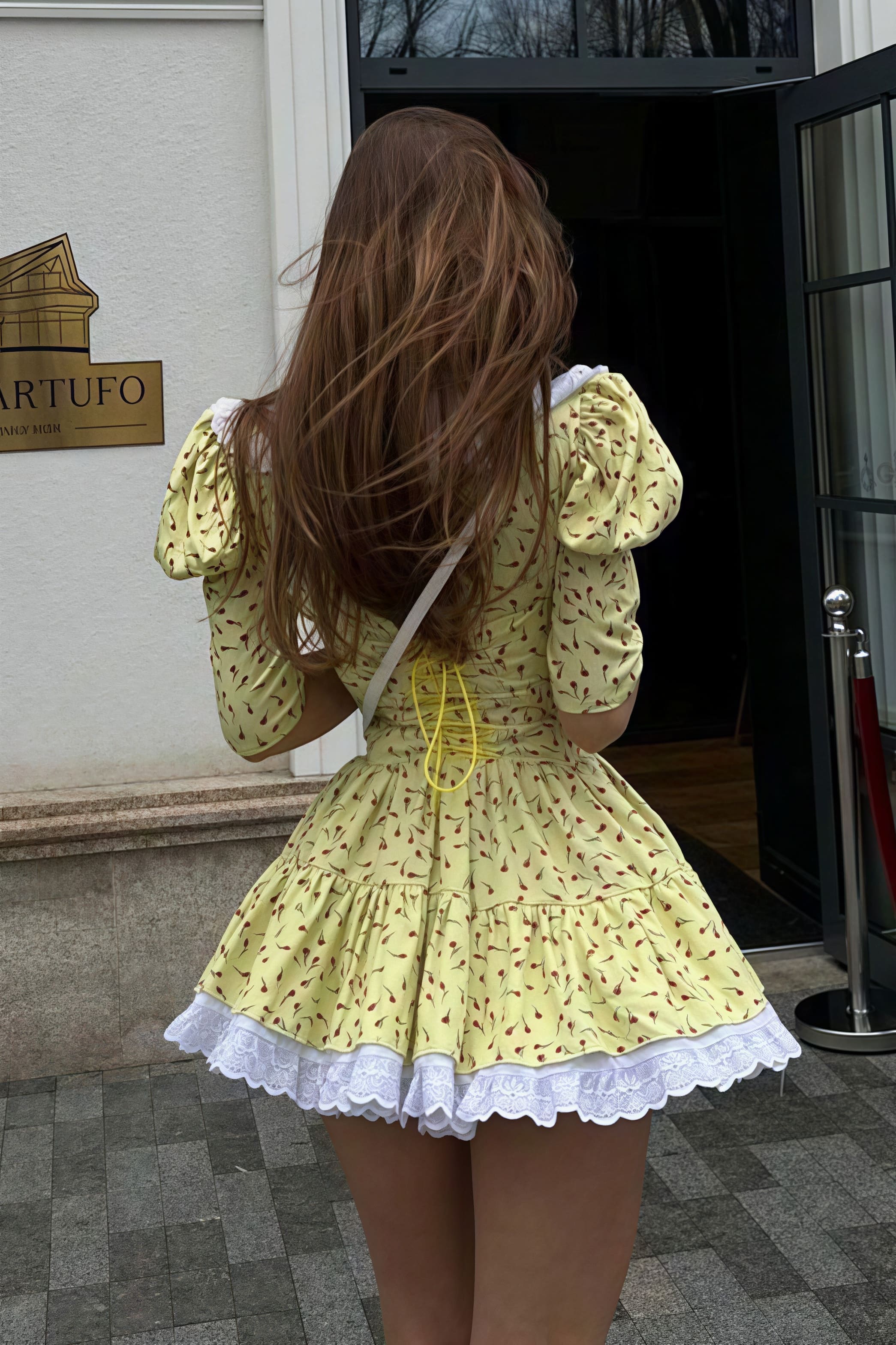 Peter Pan Collar Eyelet Lace Puff Sleeve Floral Button Front Tiered Mini Dress