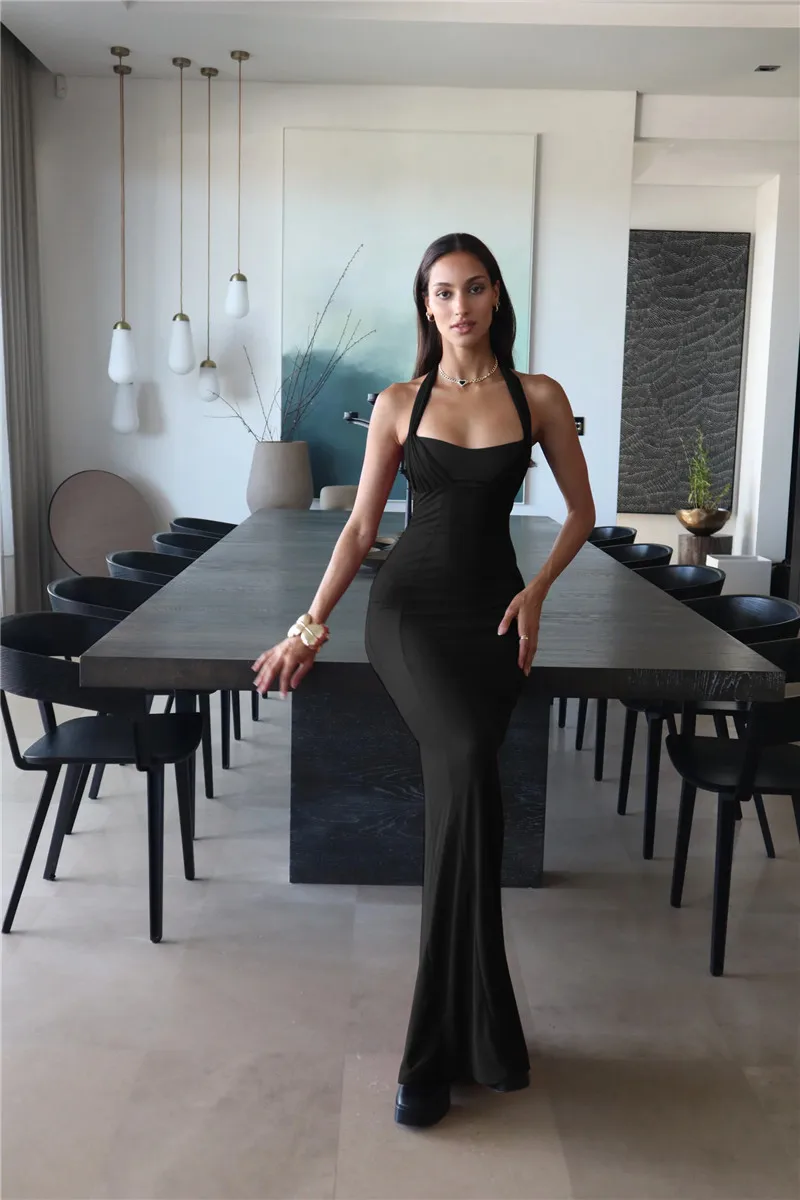 Ootddress Elegant Backless Sexy Maxi Dress For Women Fashion Lace-up Sleeveless Bodycon Club Party Evening Long Dress New