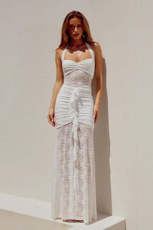 Lace Sweetheart Ruched High Slit Ruffle Trim Maxi Dress