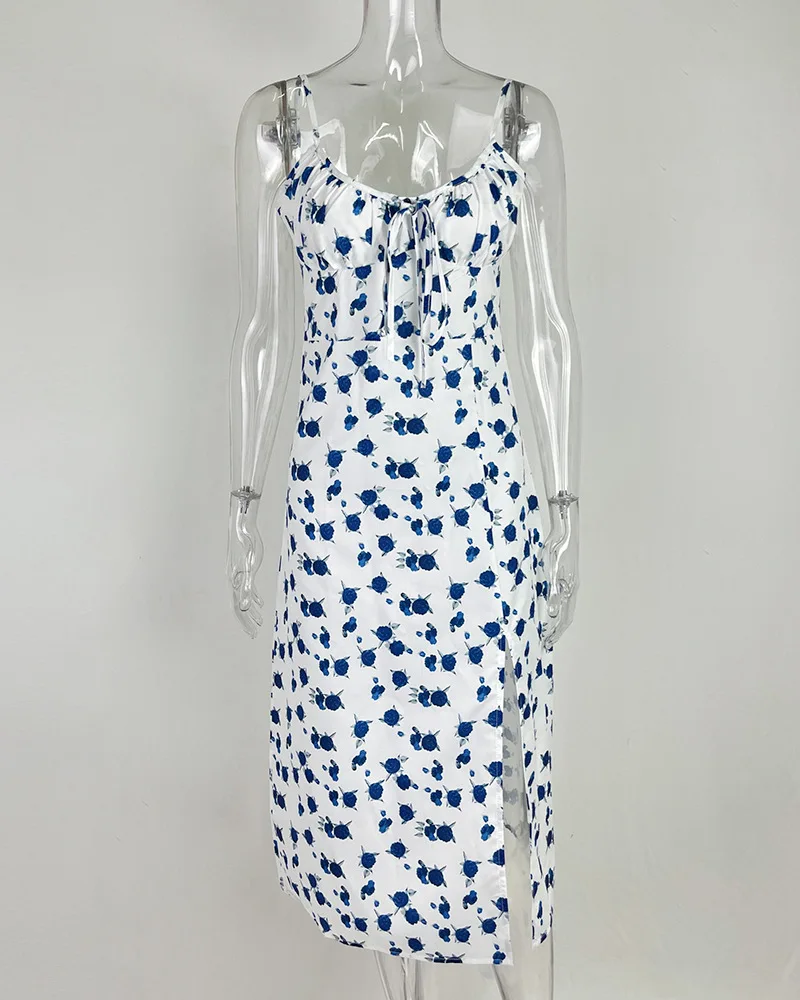 Flower Printed Spaghetti Strap Dresses For Women Sexy Low Cut Beach Party Slim Slit Dress Chic Bodycon Lady Sleeveless Vestidos 22 undefined