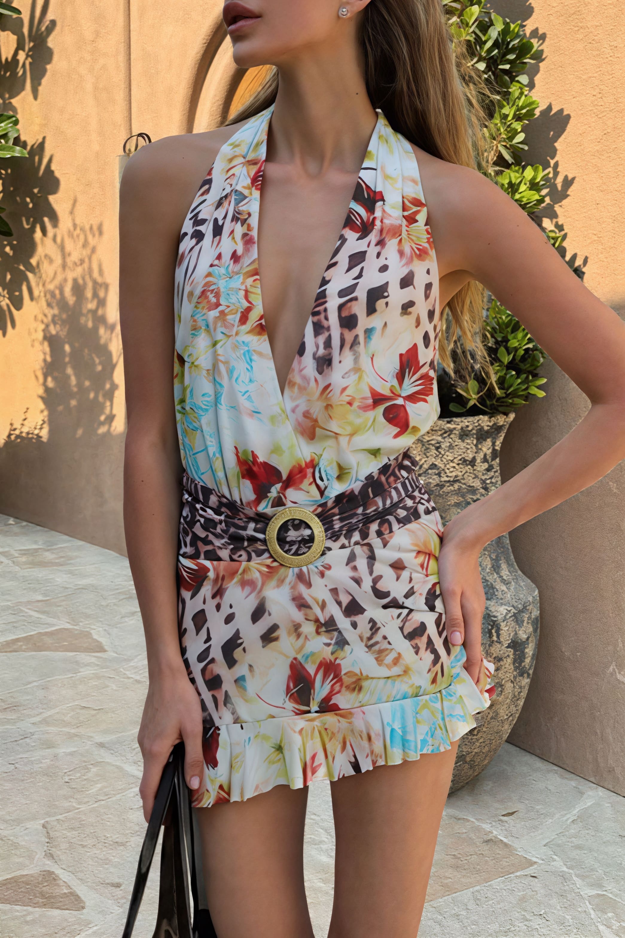 Deep V-Neck Wide Belt Buckle Mixed Floral Print Ruffle Hem Mini Dress
