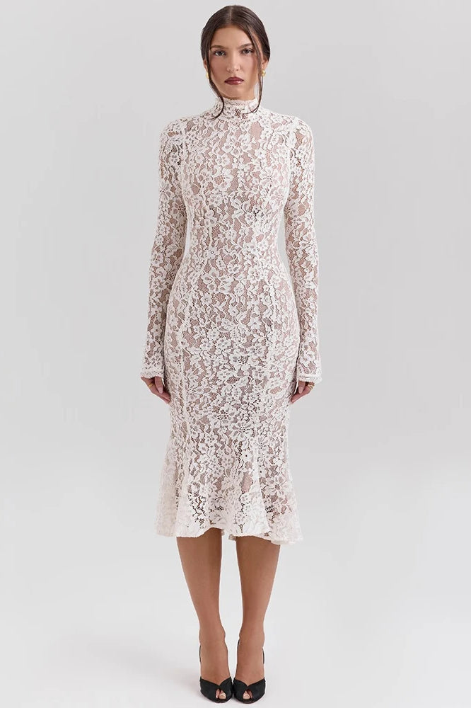 Floral Lace Mock Neck Bell Sleeve Mermaid Hem Midi Dress