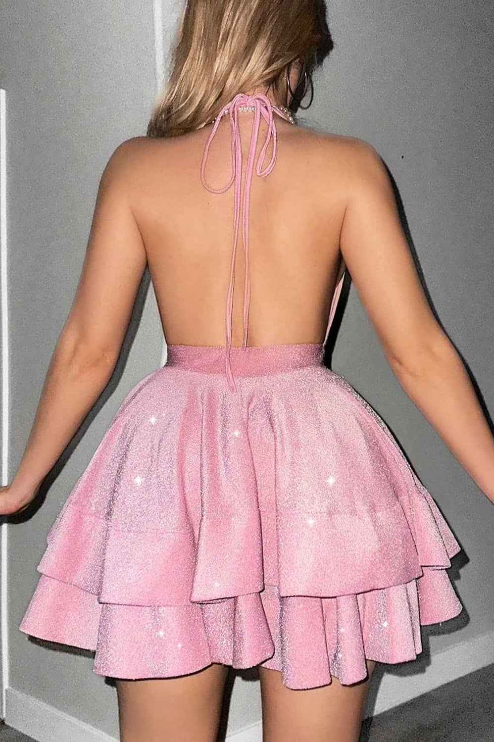 Halter Deep V Glitter Tiered Ruffle Waistband Mini Dress