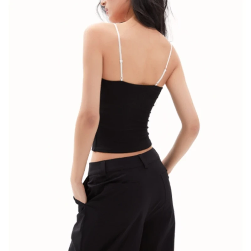 Black Lace Patchwork Sling Tops Women Elasti Crop Top Summer Backless Sleeveless Tank Top Y2K Clothes Girls Cute Camisole Vest