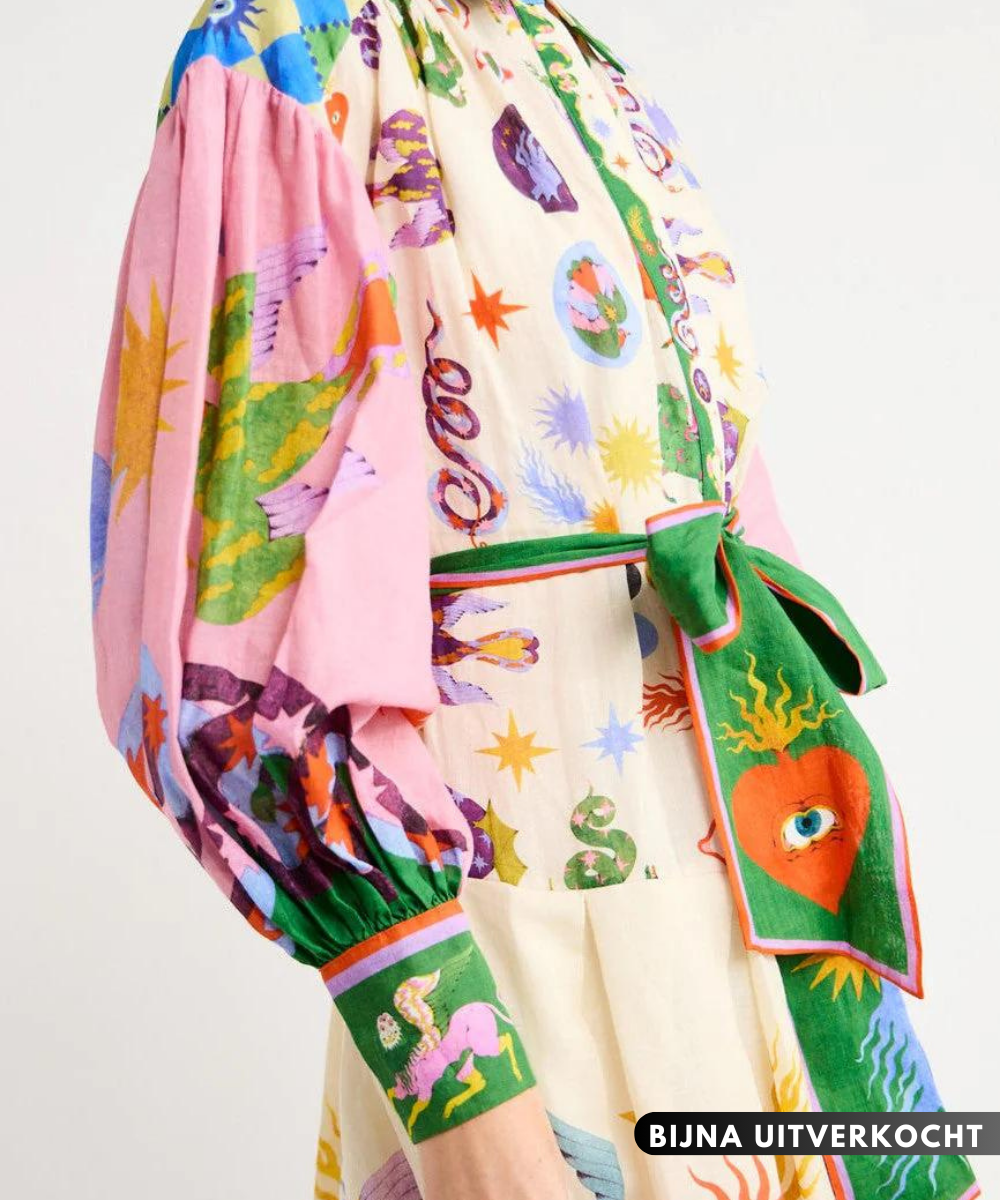 Collared Balloon Sleeve Tie Waist Celestial Dragon Print Maxi Shirt Dress