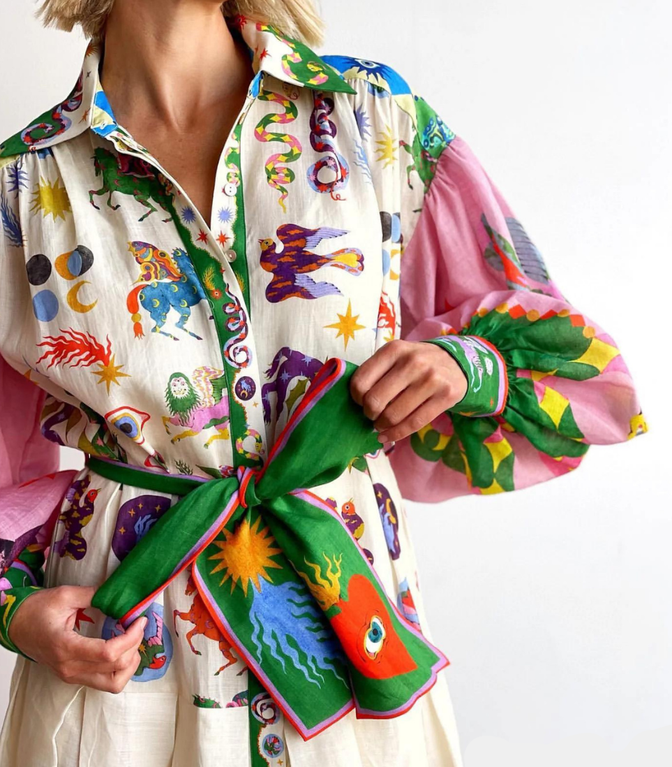Graphic Print Collared Long Sleeve Belted Button Front Maxi Shirt Dress