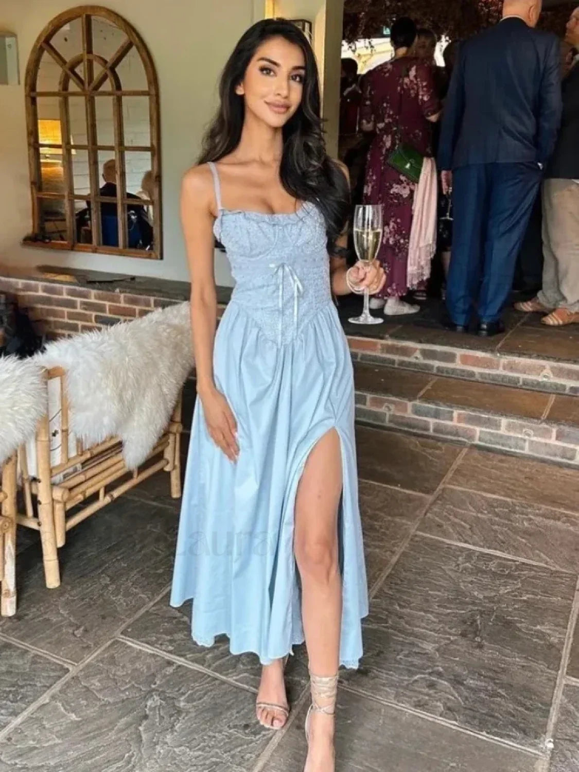 Blue High-split Lace-up Midi Dress