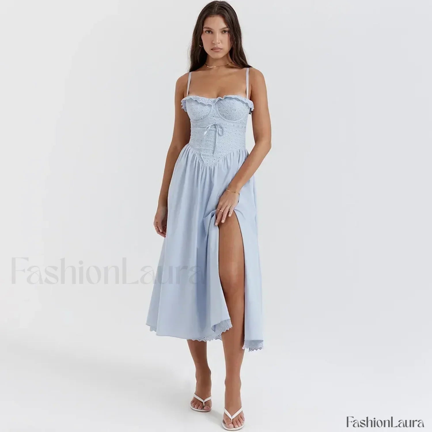 Blue High-split Lace-up Midi Dress