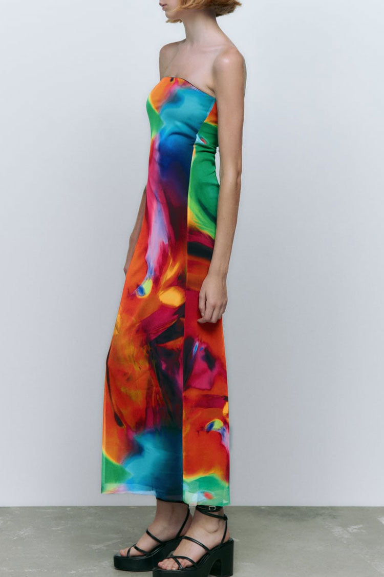 Strapless Abstract Painterly Print Column Mesh Maxi Dress