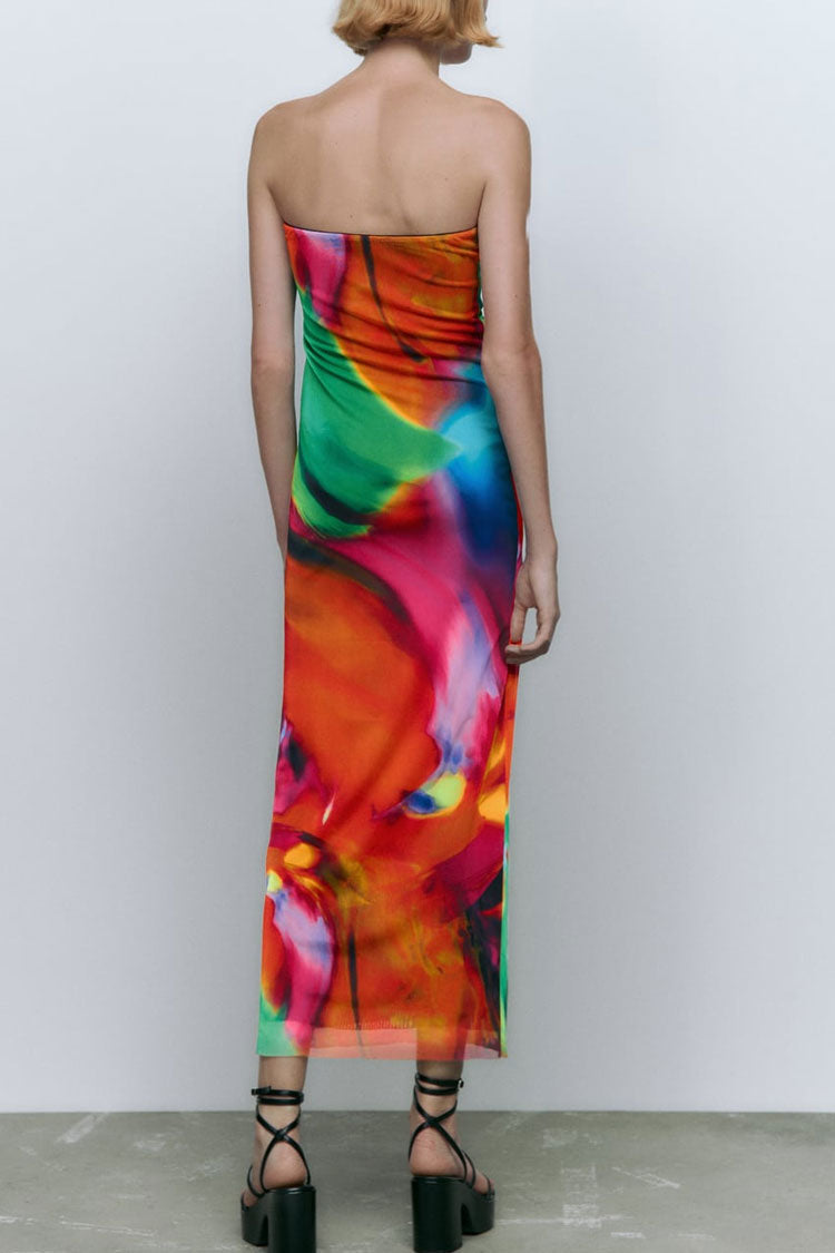 Strapless Abstract Painterly Print Column Mesh Maxi Dress