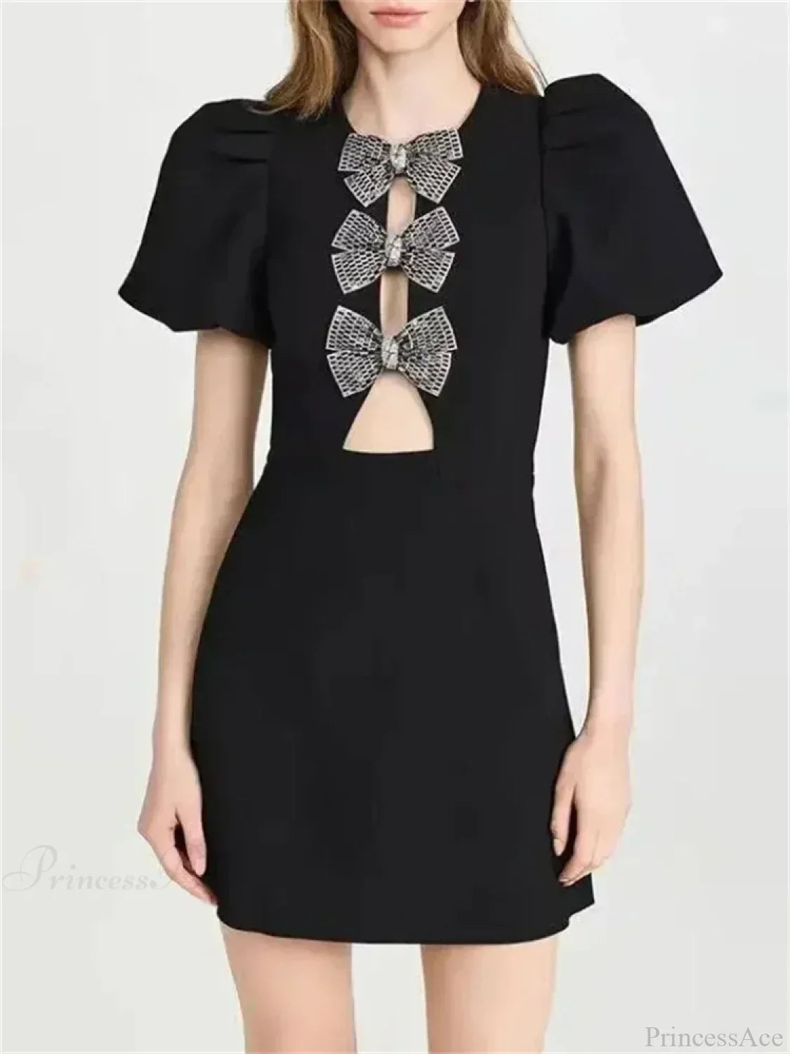 Pearl Embellished Puff Sleeve Crew Neck Stacked Bow Front Cut Out Mini Dress