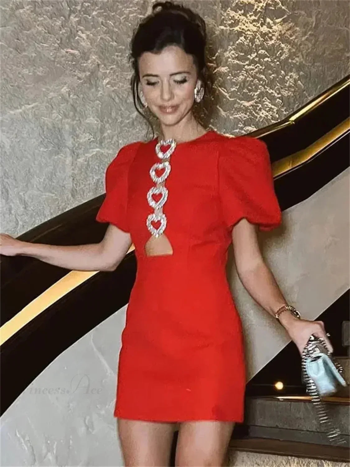 Pearl Embellished Puff Sleeve Crew Neck Stacked Bow Front Cut Out Mini Dress