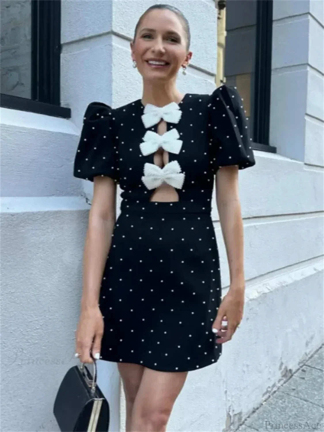 Pearl Embellished Puff Sleeve Crew Neck Stacked Bow Front Cut Out Mini Dress